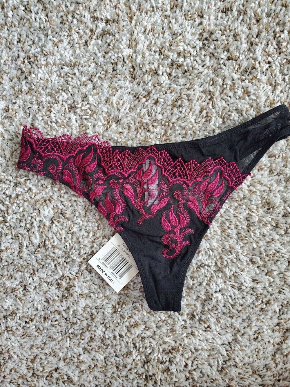 Cotton Club Italy Black Floral Lace Thong G String Bikini Panties, Small